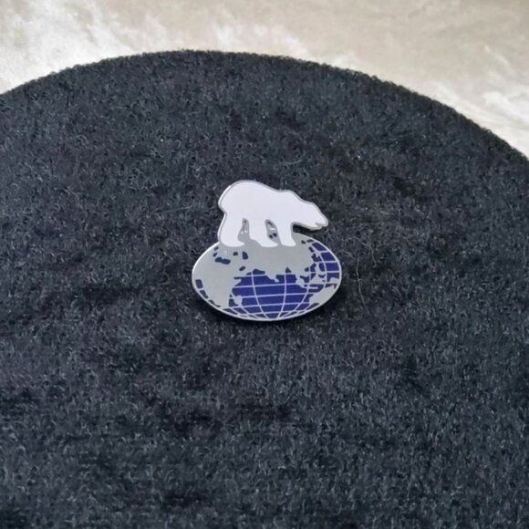 Vintage Polar Bear Rescue Standing Atop Globe Enamel Lapel Pin Brooch - Picture 2 of 3